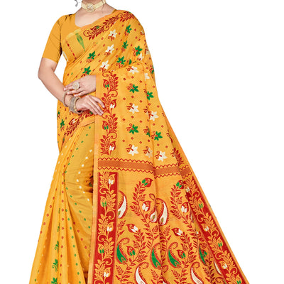 BROYAAR SHOP Women Soft Resham Dhakai Jamdani Relaxed Fit Blend Silk Saree Whole Body Design Without Regular Fit Blouse Piece(Gold)