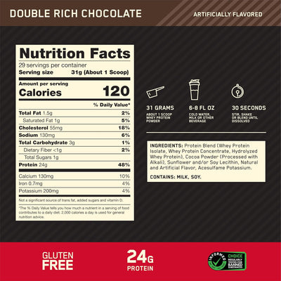 Optimum Nutrition (ON) Gold Standard 100% Whey 908 g, (Double Rich Chocolate) Protein Powder for Muscle Support & Recovery, Vegetarian - Primary Source Whey Isolate