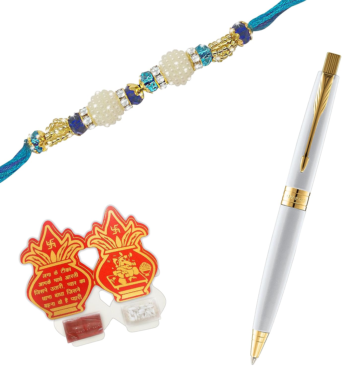 Parker Aster Pearl White Gold Trim Ball Pen with Premium Rakhi