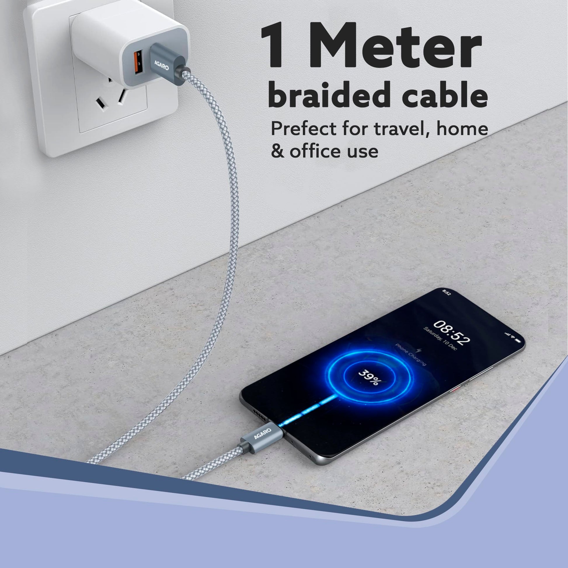 AGARO USB-A to Type C Cable, Unbreakable Braided Cable, 3A Fast Charging, Compatible with All Type C Devices Including Smartphones, Tablets etc, PD Technology, 1 M (3.2Ft), 480 Mbps Data Transmission