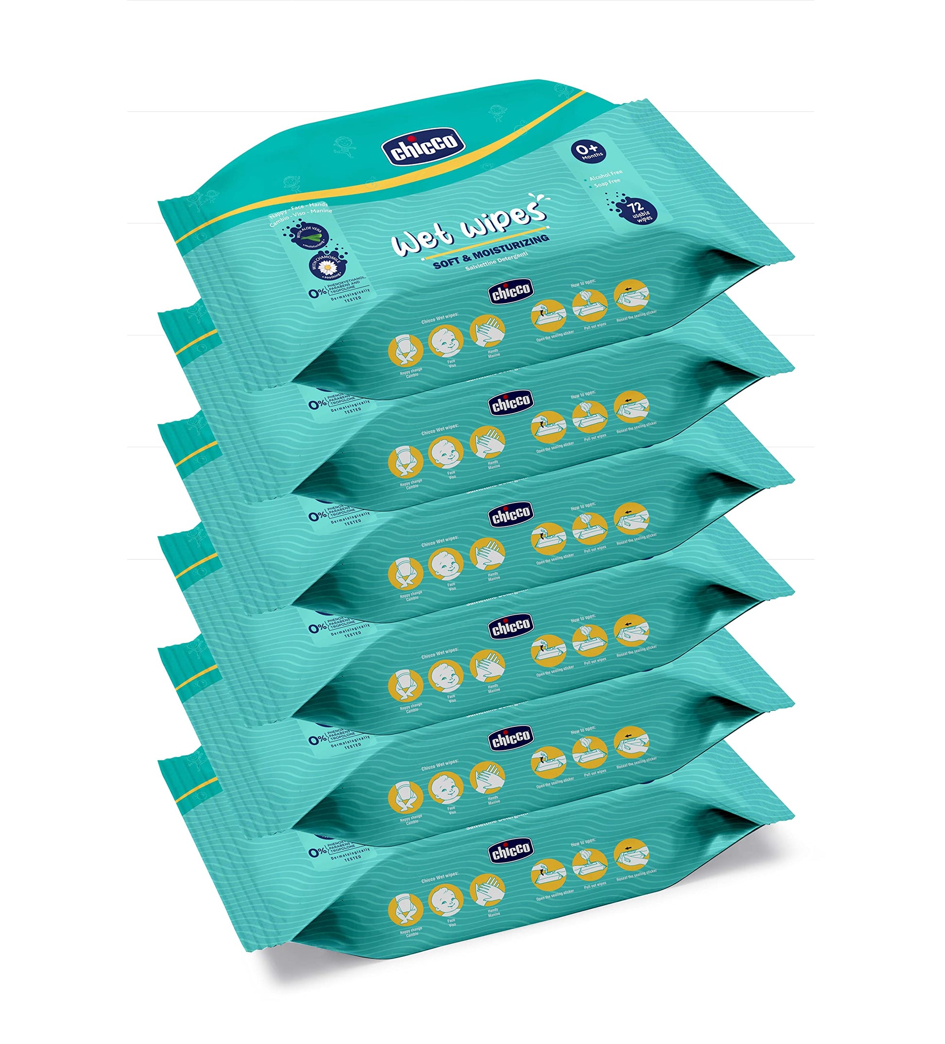 Chicco Soft Cleansing Wet Baby Wipes, Ideal for Nappy, Face and Hand, Dermatologically Tested, Paraben Free, Sticker Pack of 6 (72 Sheets per Pack) 432 pcs