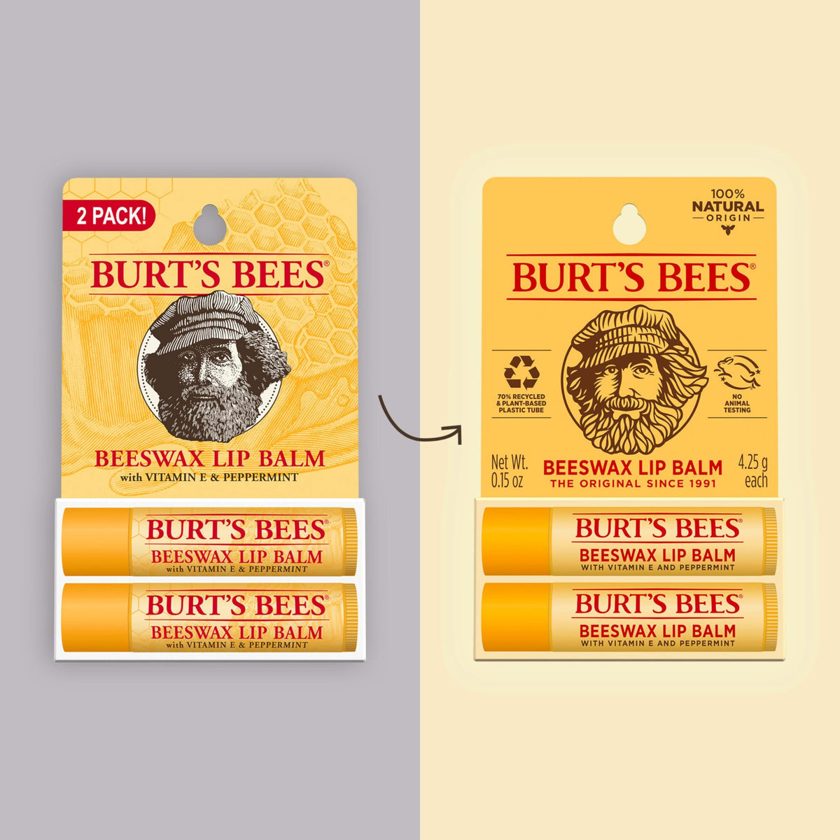 Burt's Bees 100% Natural Moisturizing Lip Balm, Original Beeswax with Vitamin E & Peppermint Oil - 2 Tubes