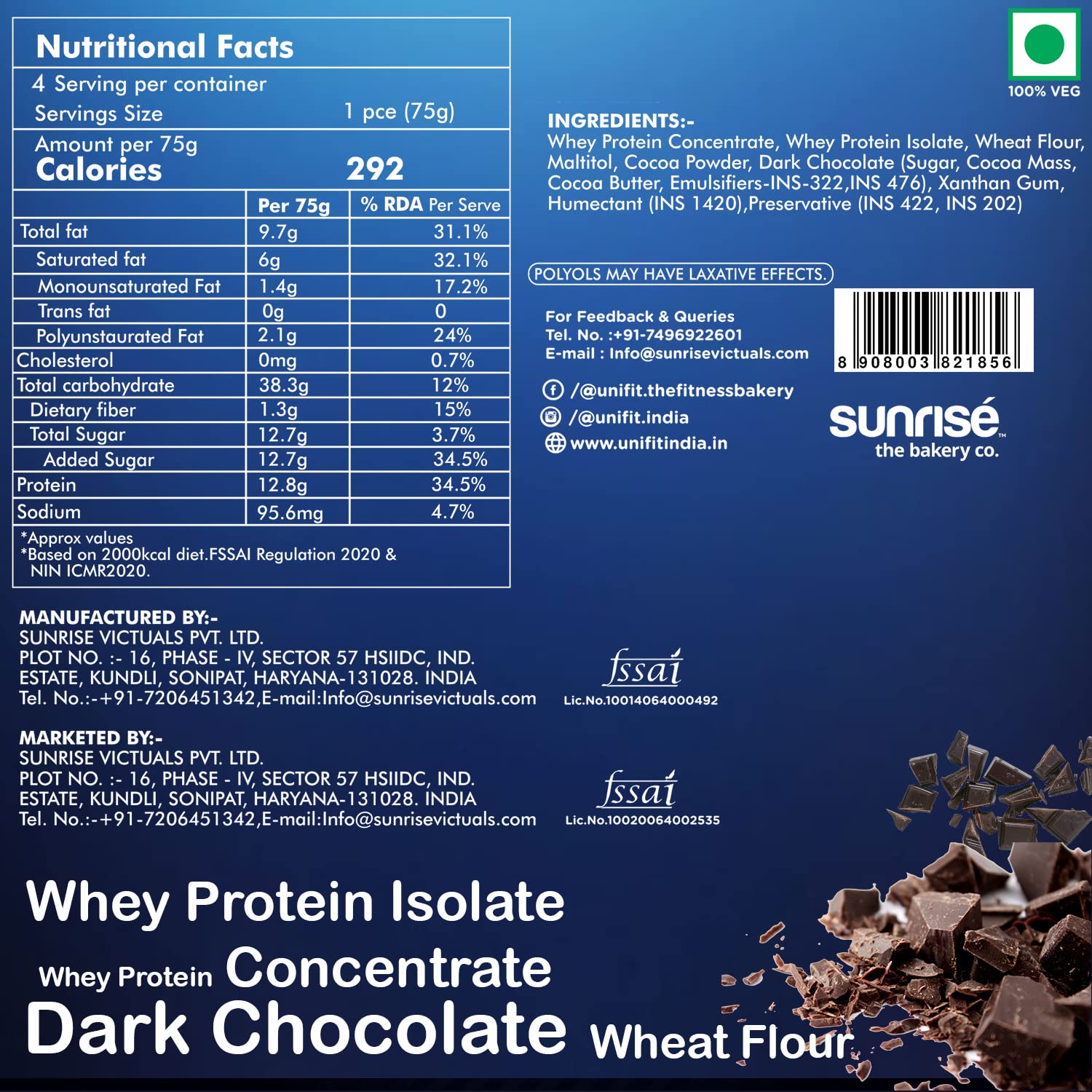 UNIFIT Chocolate Brownie|Ready To Eat|Whey Protein|High Source Of Protein & High Fibre|No Added Sugar|Brownie Cake|Chocolate|Pack Of 4-12.8 Gram