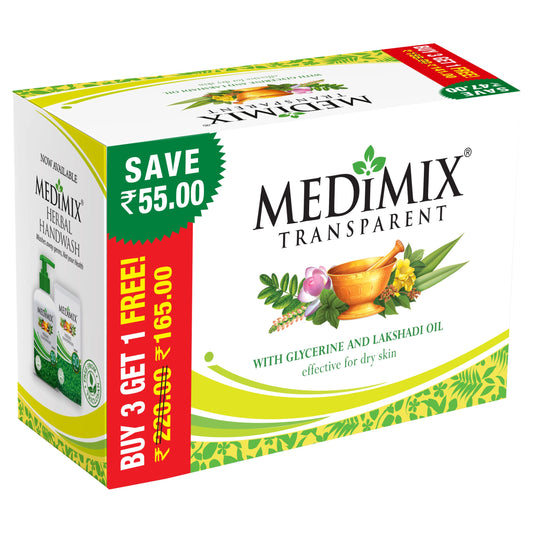 4x Medimix Transparent Ayurvedic Traditionally Made Bathing Bar Soap | Infused Glycerine and Lakshadi Oil | Effective for Dry Skin (Pack of 4) 125g each