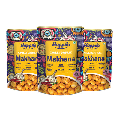 Happilo Premium Super Snack Makhana Chilli Garlic 60g (Pack Of 3), Roasted Foxnut Healthy Snack Low Calorie Gluten Free and Vegan