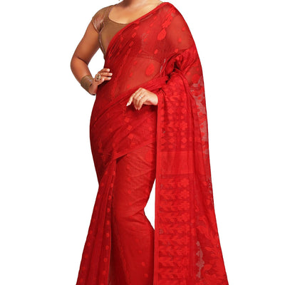 BENGAL HANDLOOM Women's Cotton Silk Dhakai Bbd1 Soft Jamdani Sarees, Red