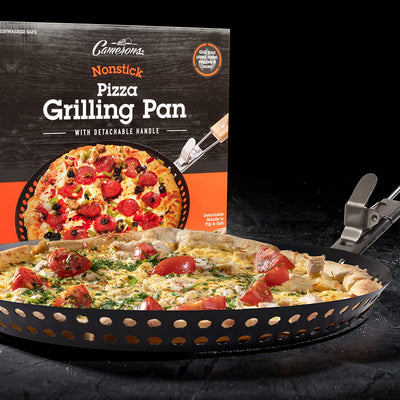 Camerons Products Non-Stick Pizza Grilling Pan with Holes, Extra High Walls & Removable Handle - Use for Vegetables, Seafood, Shish Kebab.
