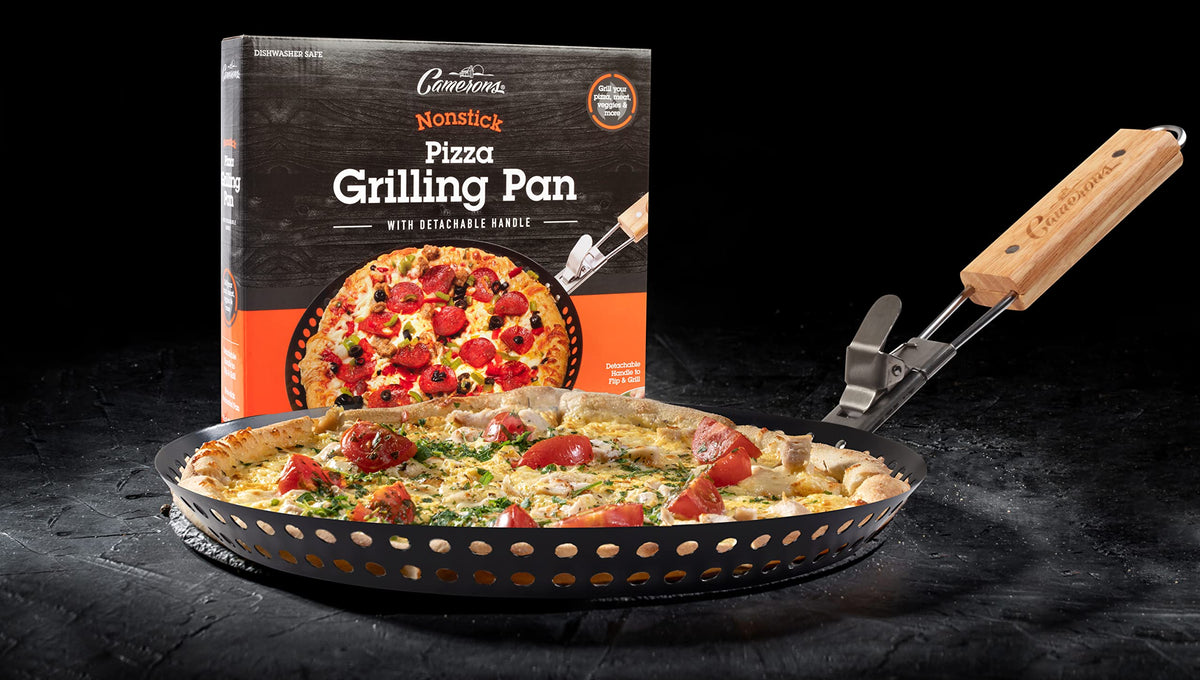 Camerons Products Non-Stick Pizza Grilling Pan with Holes, Extra High Walls & Removable Handle - Use for Vegetables, Seafood, Shish Kebab.