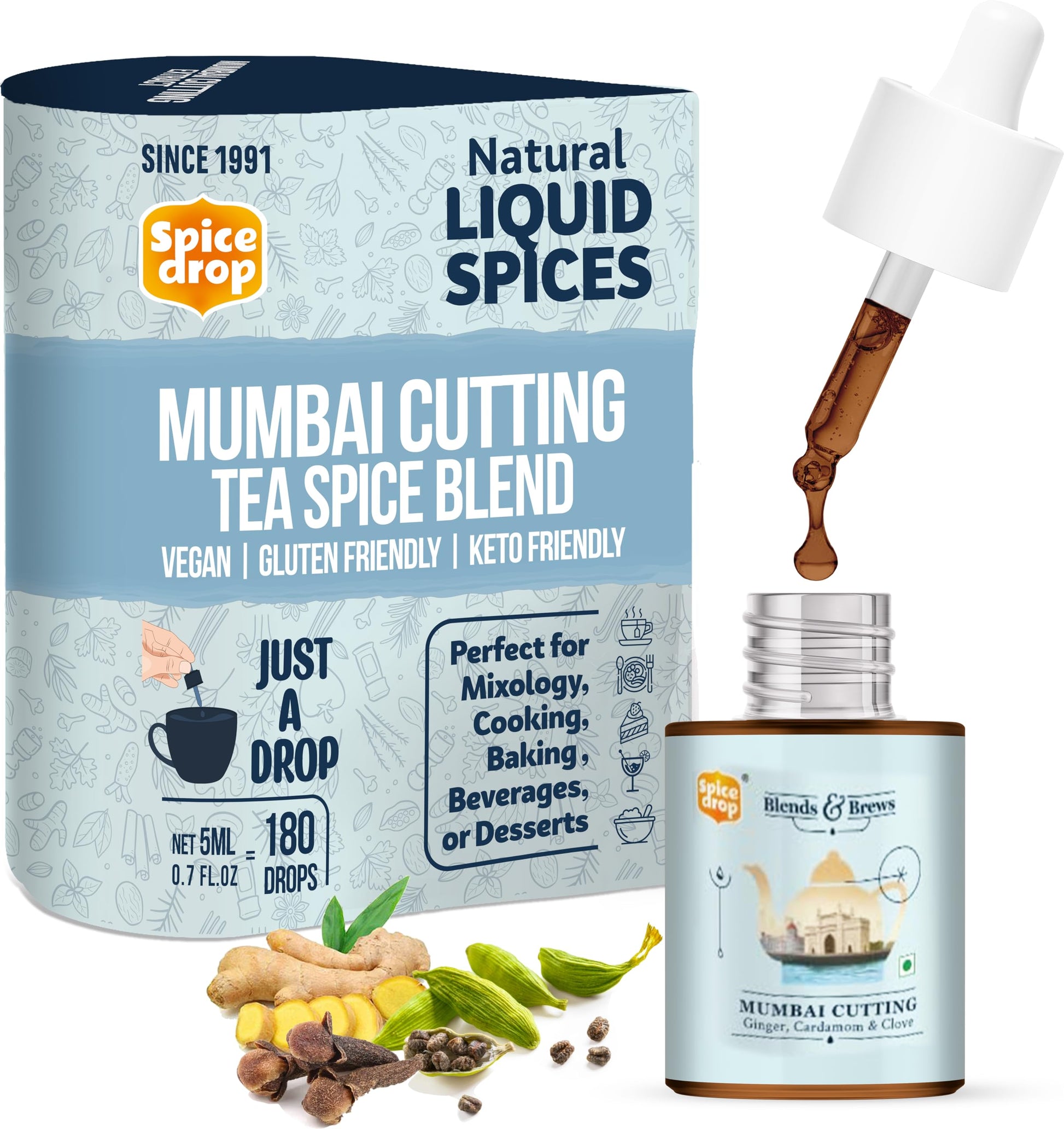 Spice Drop Mumbai Cutting Chai Masala Extract | Tea Masala Drops |Authentic Indian Recipe| No preservative | 5 ML (Pack of 1 x 180 Drops)| 1 drop/cup | Flavors 180 cups | 5ML equals 125 gms of powder