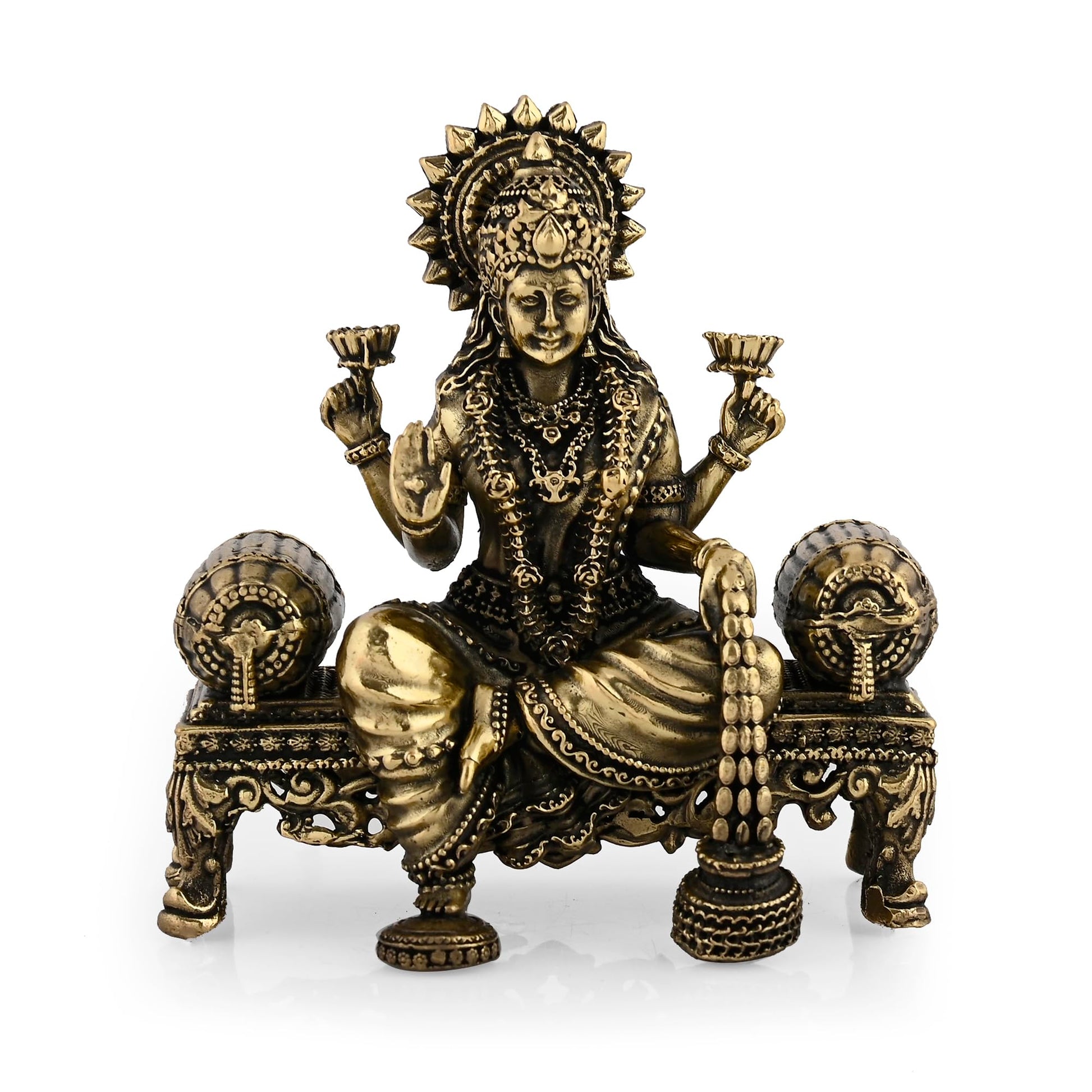 CraftVatika Brass Maa Lakshmi Devi Idol Statue Sitting on Throne - Laxmi Ji Ki Murti for Pooja Temple Room Diwali Gift & Home Décor Items (4 Inch Height)