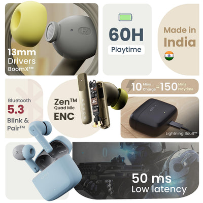 Boult Audio Z60 Truly Wireless in Ear Earbuds with 60H Playtime, 4 Mics ENC Clear Calling, 50ms Low Latency Gaming, 13mm Bass Driver, Type-C Fast Charging, IPX5 ear buds TWS Bluetooth 5.3(Powder Blue)