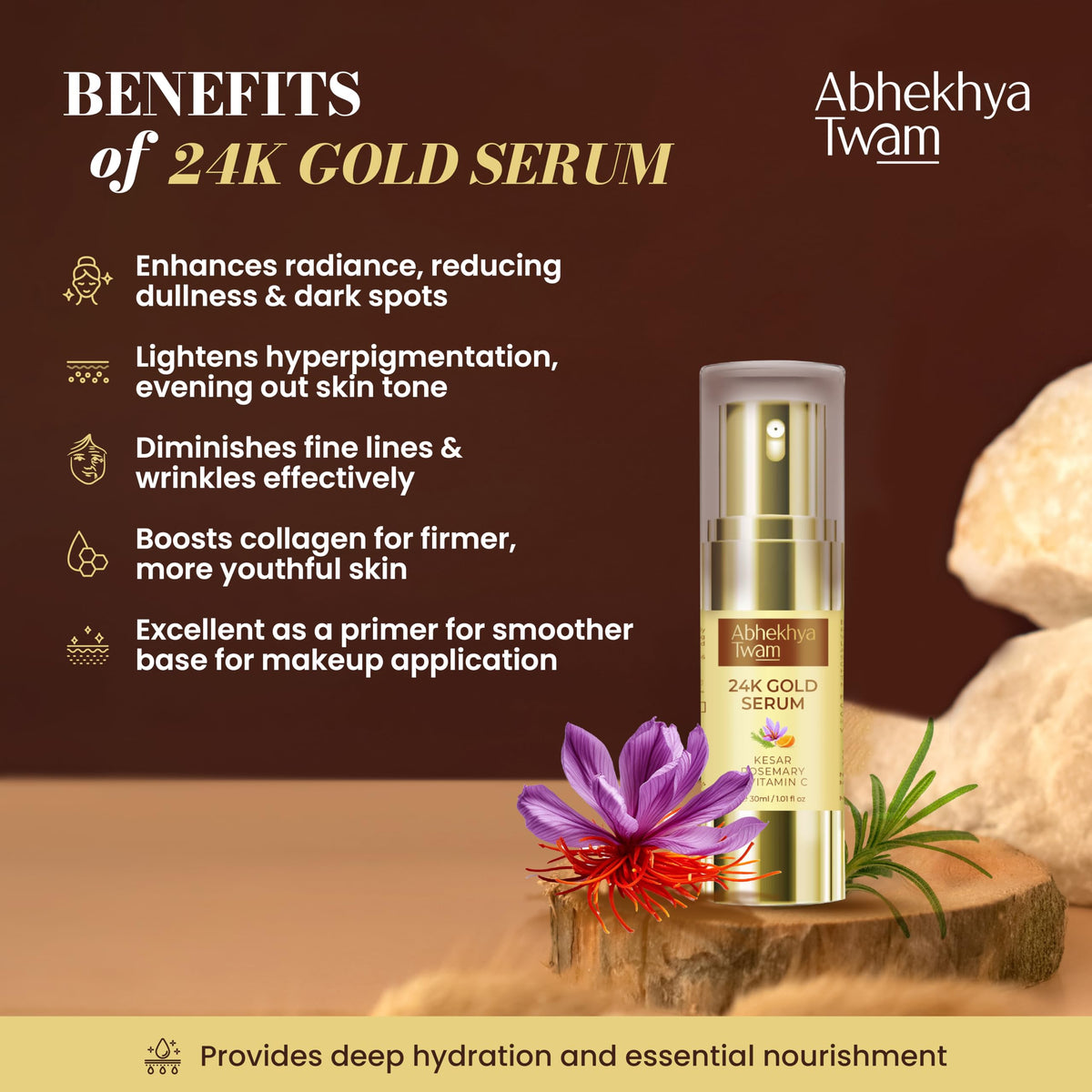 Abhekhya Twam Gold Serum for Radiant, Bright Youthful Skin with Anti Aging formula, Luminous Primer for Face Makeup 30 ml