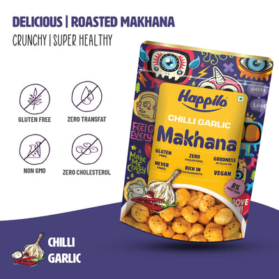 Happilo Premium Super Snack Makhana Chilli Garlic 60g (Pack Of 3), Roasted Foxnut Healthy Snack Low Calorie Gluten Free and Vegan
