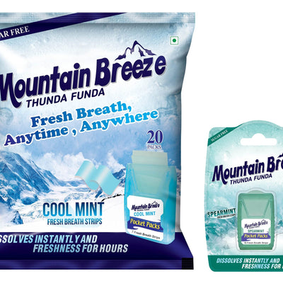 Mountain Breeze Mouth Freshner Sugar-Free Coolmint Fresh Breath Strips (7Strips each) Pack of 20 with Extra Spearmint(24 Strips each) Pack of 1