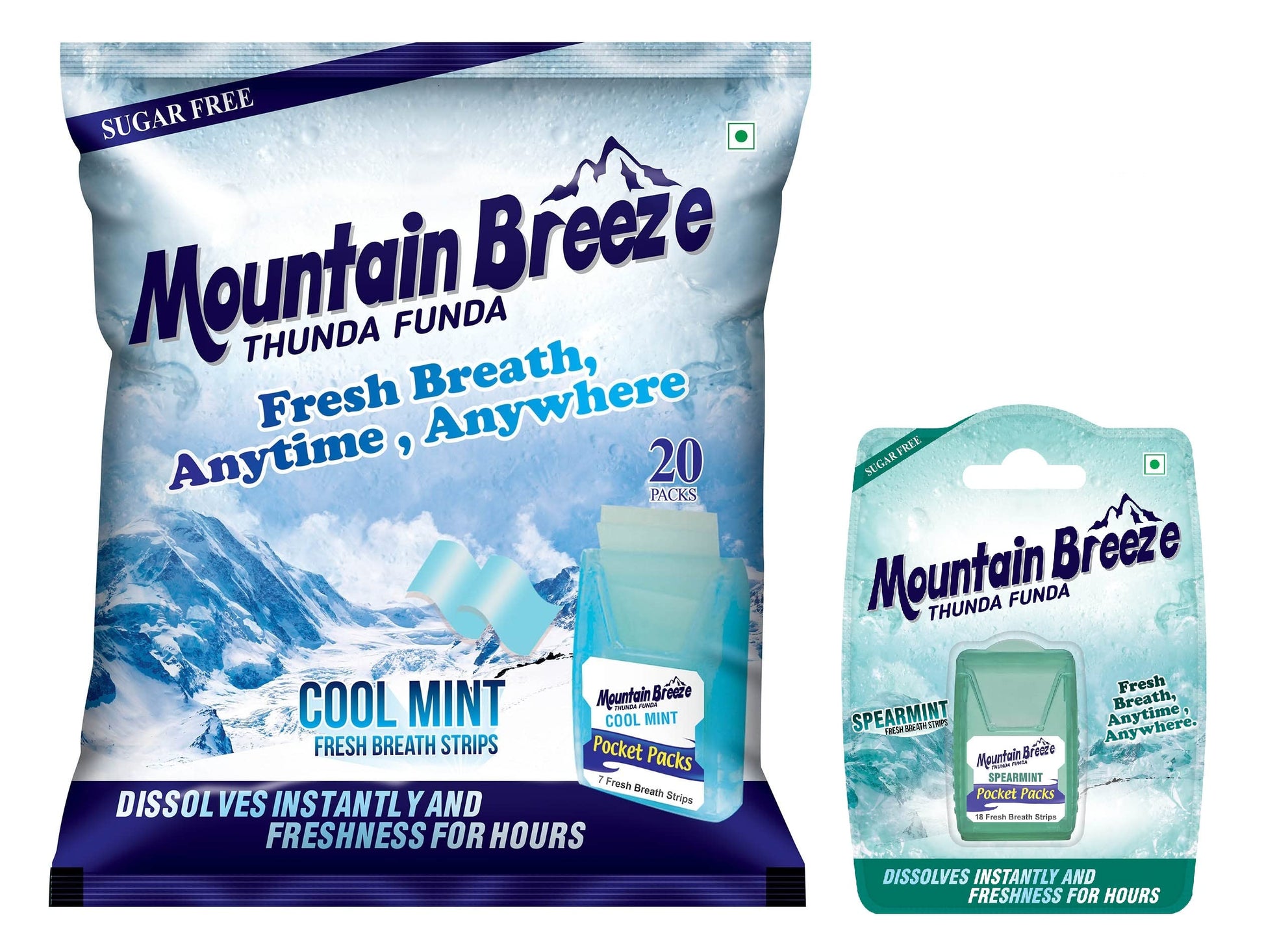 Mountain Breeze Mouth Freshner Sugar-Free Coolmint Fresh Breath Strips (7Strips each) Pack of 20 with Extra Spearmint(24 Strips each) Pack of 1