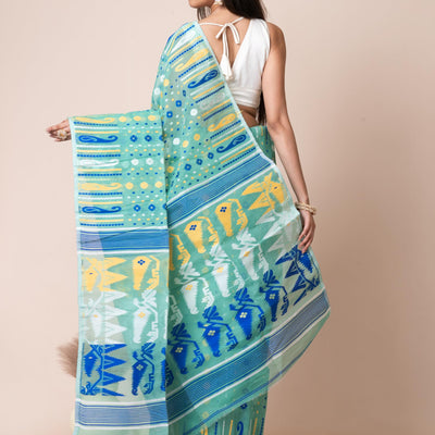 Aishwarya Sarees Women's Jamdani Cotton Sarees For Women Soft Dhakai Jamdani Bengal Pure Handloom Saree for Women. dhakai jamdani sarees for women (Sea Green)
