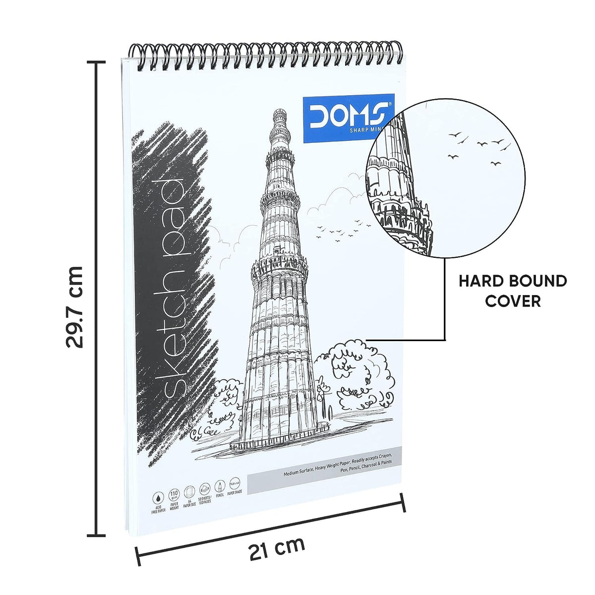 Doms Wiro Binding Notebook | Sketch Pad | Plain | 110GSM | 100 Pages | 21.0 x 29.7 cm | Pack of 1