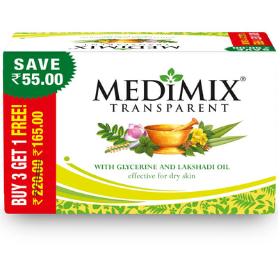 4x Medimix Transparent Ayurvedic Traditionally Made Bathing Bar Soap | Infused Glycerine and Lakshadi Oil | Effective for Dry Skin (Pack of 4) 125g each