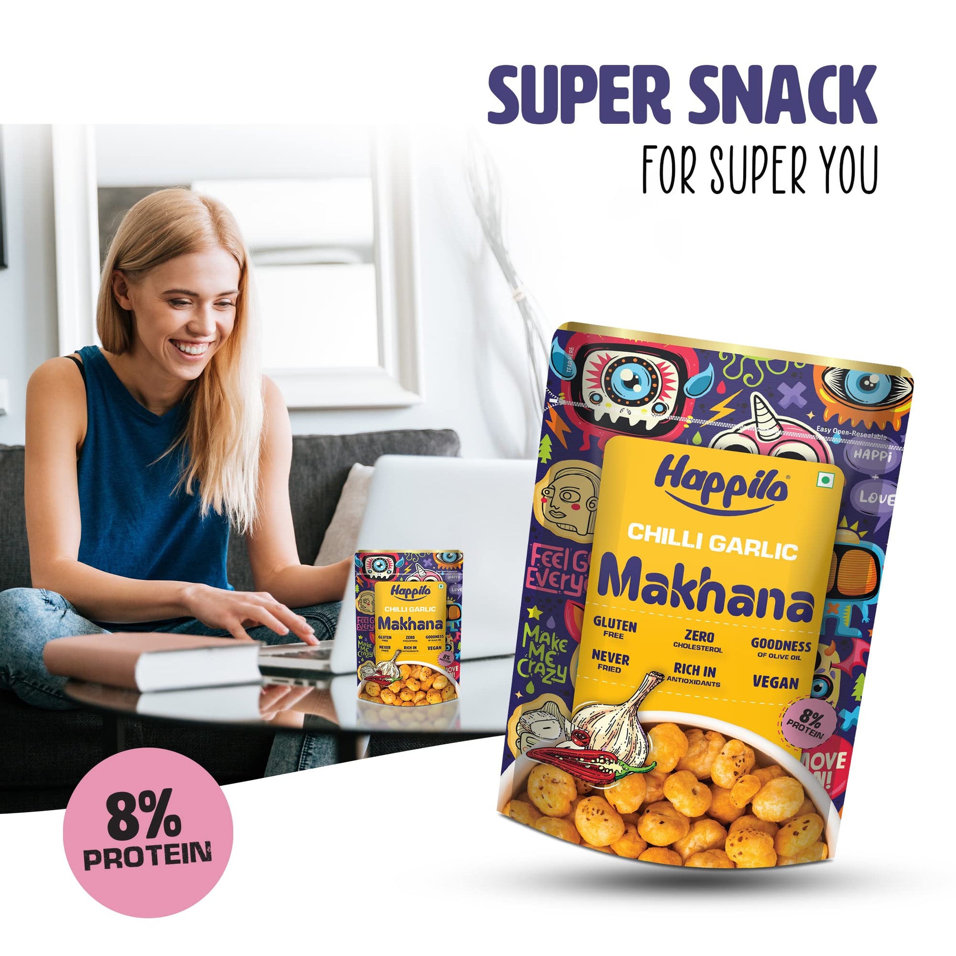 Happilo Premium Super Snack Makhana Chilli Garlic 60g (Pack Of 3), Roasted Foxnut Healthy Snack Low Calorie Gluten Free and Vegan