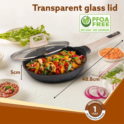 AGARO Imperial Granite Non Stick Frypan with Glass Lid, 3L / 28cm, Cast Aluminium Body, Omlette Egg Pan, Fish Fry Pan, Gas & Induction Compatible, Dark Grey