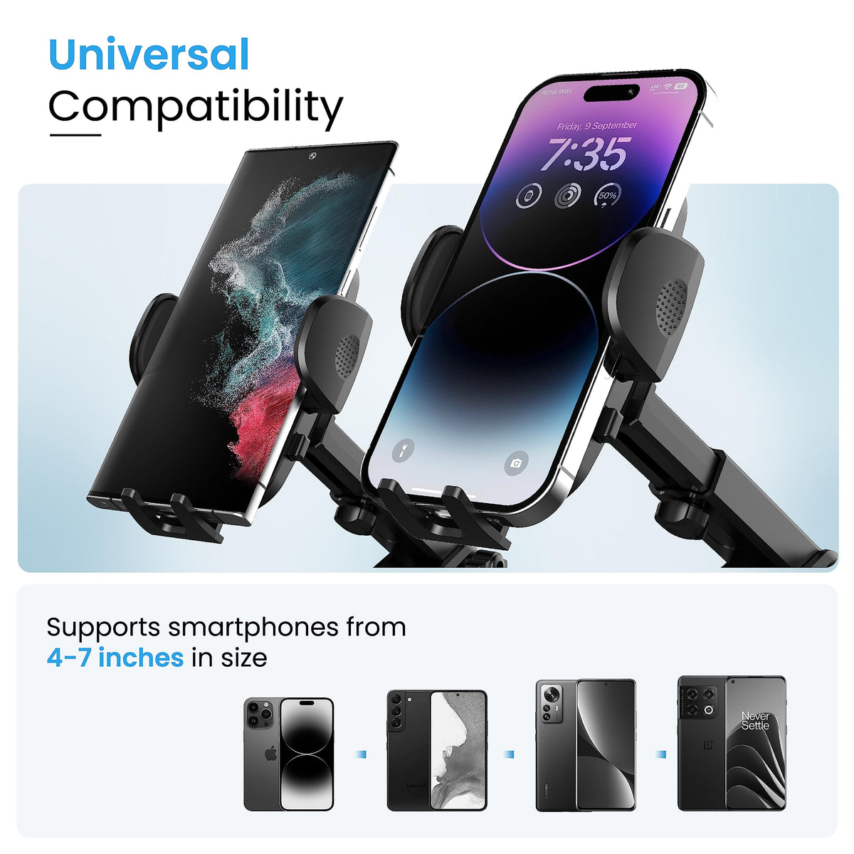 Ambrane Car Mobile Holder with Adjustable Side Arm for Smartphones, Mobile Holder Mount for Dashboard 360° Rotational, Strong Suction Cup, Compatible with 4 to 7-inch Devices (Grip Stand)