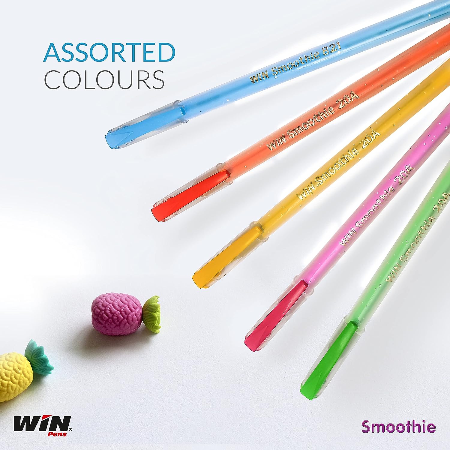Win Smoothie Ball Pens | Blue Ink, 100 Pcs | Lightweight & Colourful Sparkle Body Design | Use and Throw Ball Pens | For One Time Use | Firm Grip for Comfortable Writing | 0.7mm Tip for Smooth Flow of Ink | Multicolour Fluorescent Body Ball Pen Set