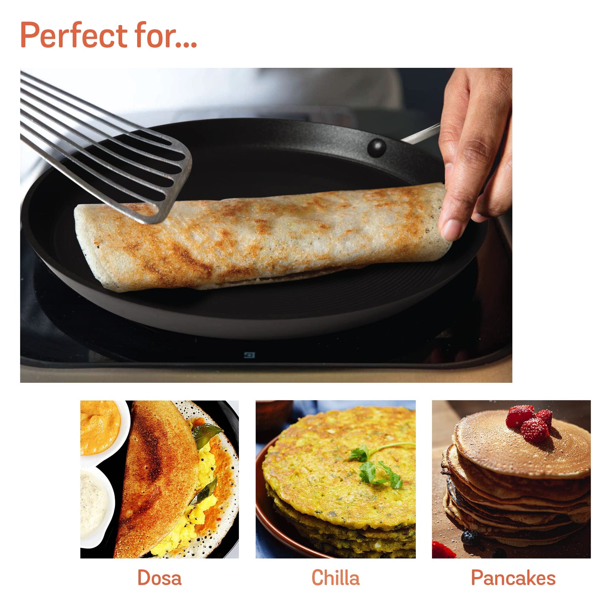 Circulon Hard Anodised Non Stick Aluminium Flat Dosa Tawa | Dosa Pan NonStick | Tawa for Roti | Non Stick Tawa Induction Base | Dosa Tawa Big Size, 28 cm, Black
