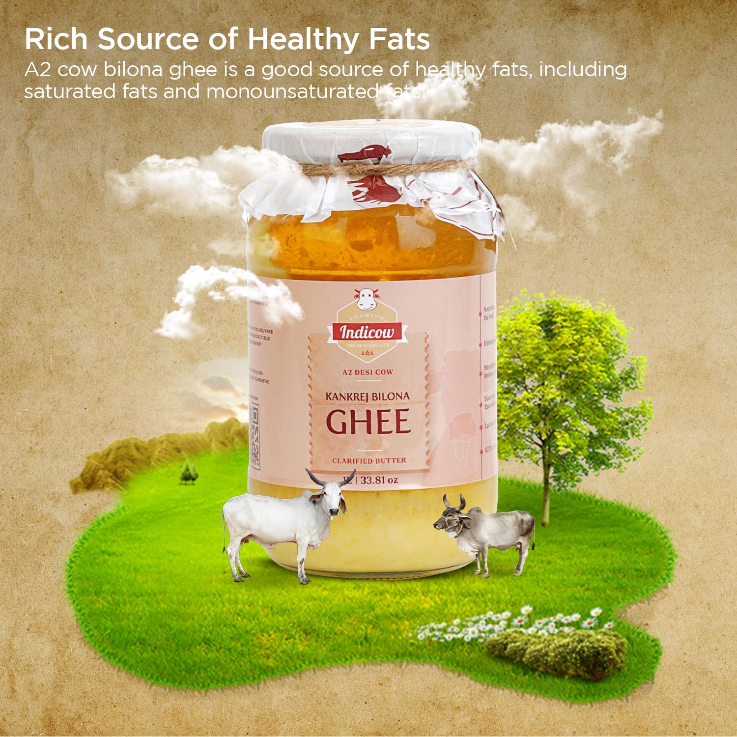 Indicow Organic Dairy Foods Pure Authentic A2 Ghee (500millilitre, Kankrej) | Grass Fed, Hand Churned, 100% Pure and Preservative Free