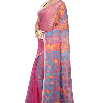 BENGAL HANDLOOM Exclusive Women's Soft Dhakai Patta Jamdani Cotton Silk, Pink Sarees