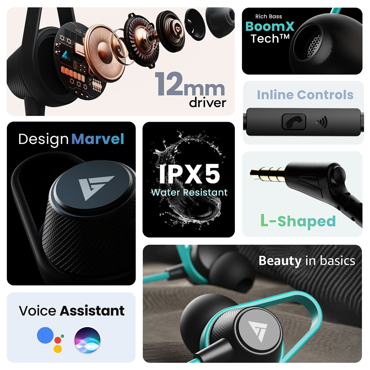 Boult Audio Bassbuds Loop 2 Wired in Ear Earphones with Mic, 10mm Powerful Driver for Extra Bass with Customizable Ear Loop (Teal Blue)