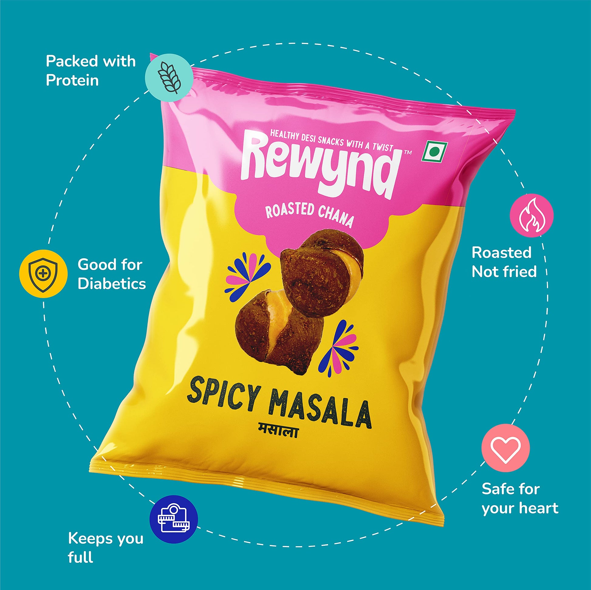 Rewynd Spicy Masala Chana | 560gm (Pack of 4) | Roasted Not Fried | Flavored Chana For Adults & Kids | High Protien | 100% Veg | Healthy Snack for Anytime Snacking