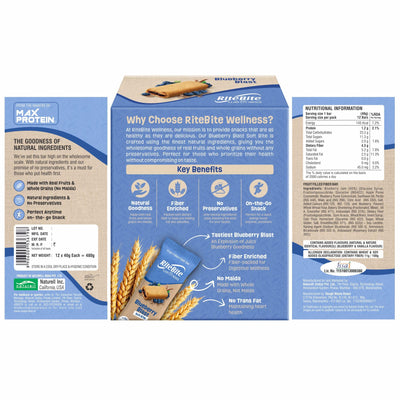 RiteBite Wellness Snack Bar Blueberry Blast | Fruit Filled Fiber Bar, Natural Ingredients, Rich in Fiber, No Preservatives | 40g (Pack of 12)
