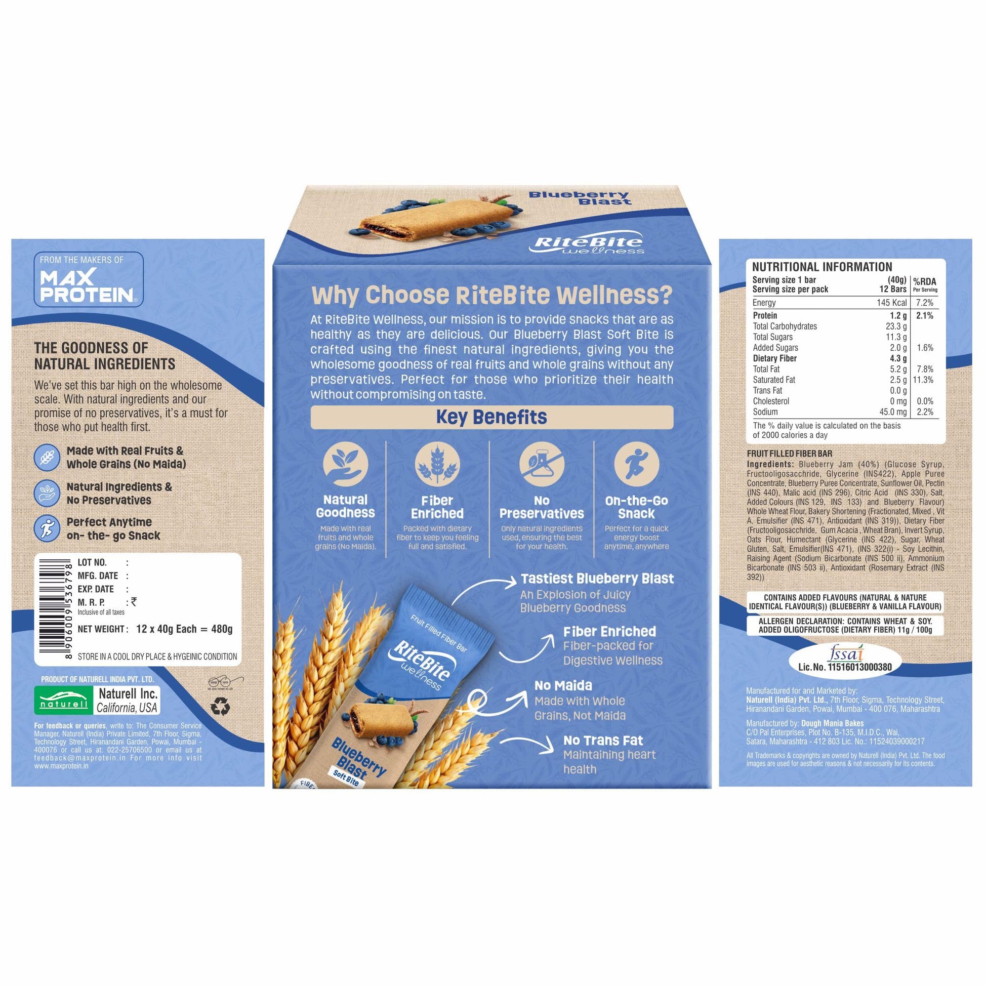 RiteBite Wellness Snack Bar Blueberry Blast | Fruit Filled Fiber Bar, Natural Ingredients, Rich in Fiber, No Preservatives | 40g (Pack of 12)