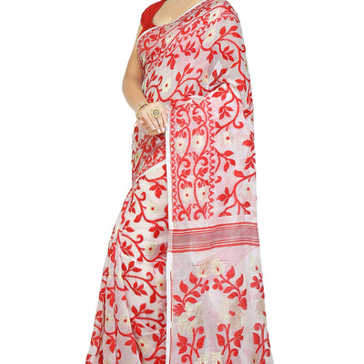 BENGAL HANDLOOM Exclusive Women's Cotton Silk Dhakai Allover Soft Jamdani Sarees (White & Red)