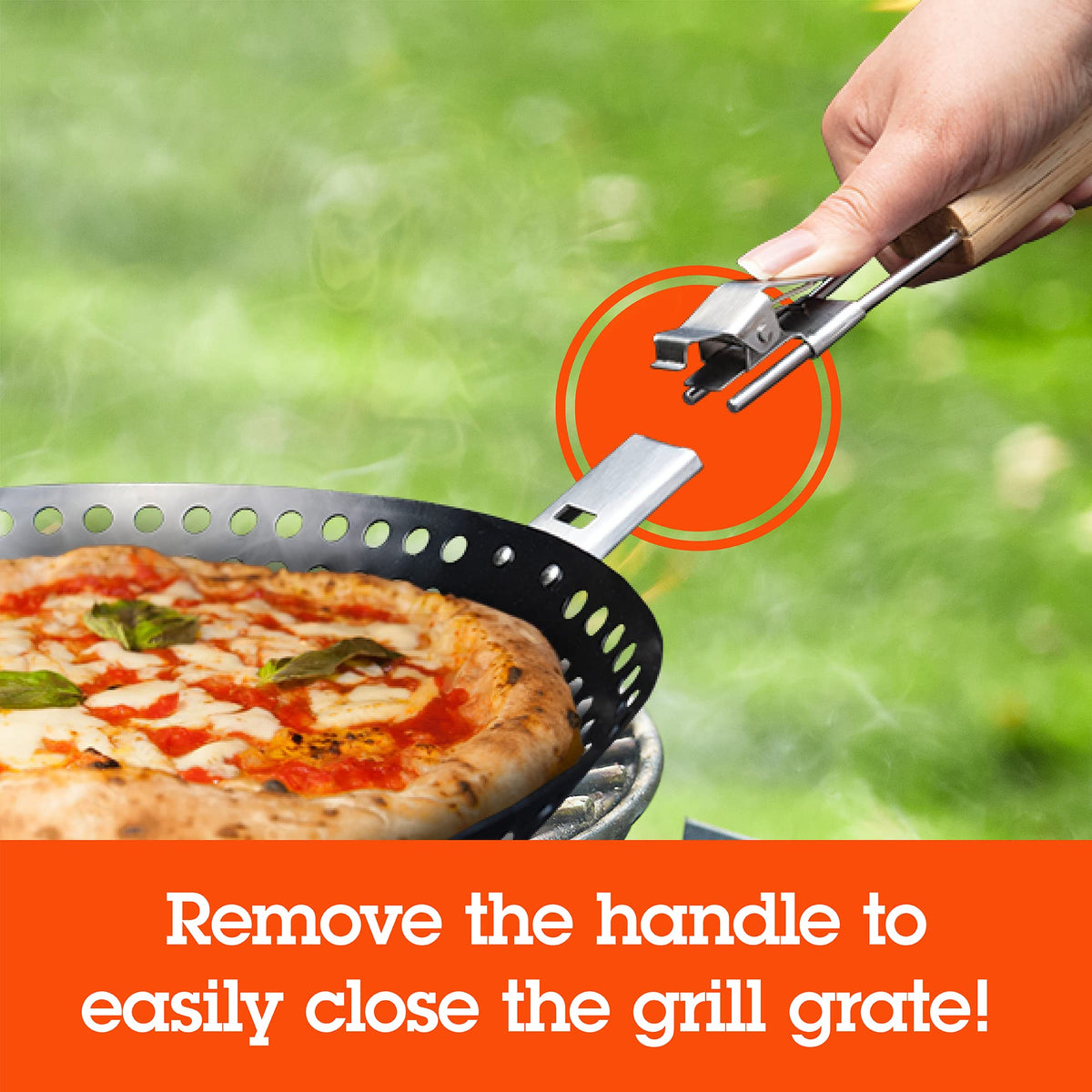 Camerons Products Non-Stick Pizza Grilling Pan with Holes, Extra High Walls & Removable Handle - Use for Vegetables, Seafood, Shish Kebab.
