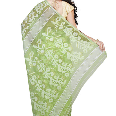 Bengal Handloom Women's Jamdani Cotton Saree Without Blouse Piece (Pakhid_Green)