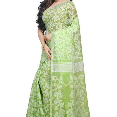 Bengal Handloom Women's Jamdani Cotton Saree Without Blouse Piece (Pakhid_Green)