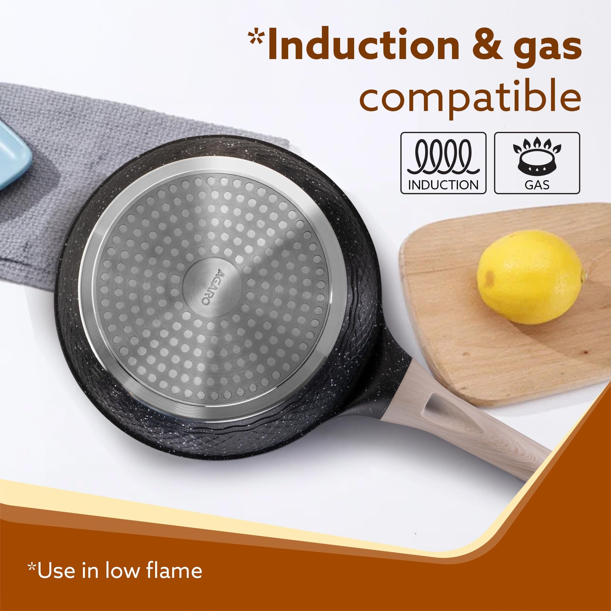 AGARO Imperial Granite Non Stick Frypan with Glass Lid, 3L / 28cm, Cast Aluminium Body, Omlette Egg Pan, Fish Fry Pan, Gas & Induction Compatible, Dark Grey