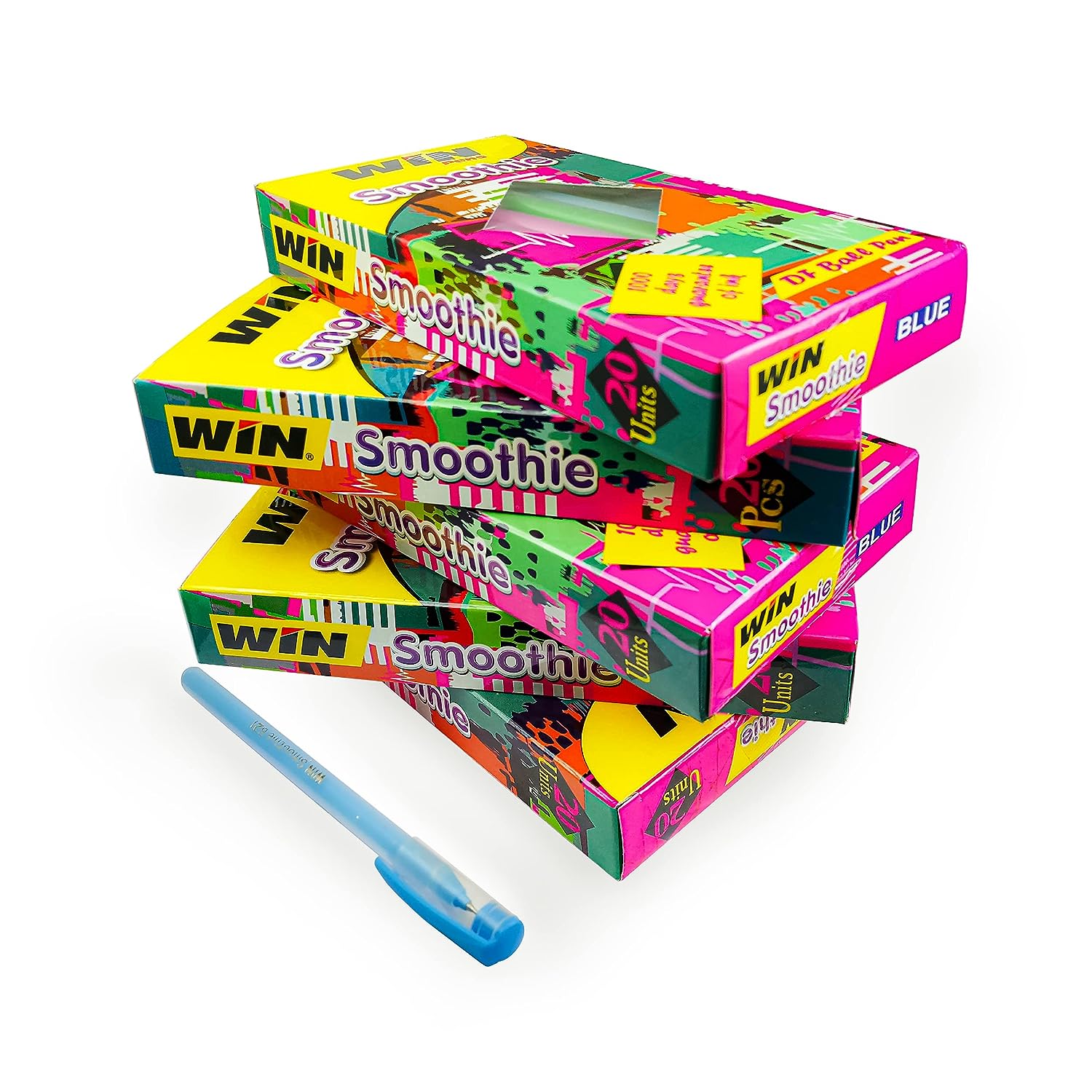 Win Smoothie Ball Pens | Blue Ink, 100 Pcs | Lightweight & Colourful Sparkle Body Design | Use and Throw Ball Pens | For One Time Use | Firm Grip for Comfortable Writing | 0.7mm Tip for Smooth Flow of Ink | Multicolour Fluorescent Body Ball Pen Set