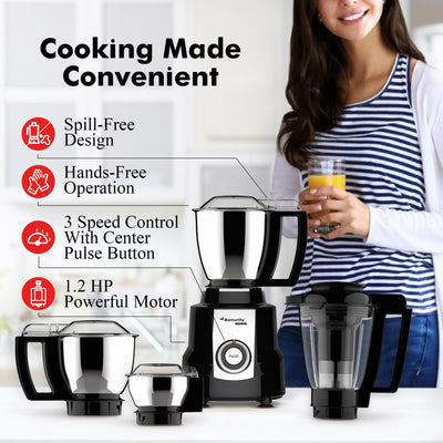Butterfly Magnum 1.2HP Mixer Grinder with 4 Jars | 100% Copper Motor | 3 Stainless Steel Multipurpose Jars and 1 Juicer Jar | ABS Body | Handsfree Operation | Lifetime Motor Warranty| Black