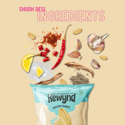 Rewynd Roasted Chilli Garlic Peanuts | 560gm (Pack of 4) | Roasted Not Fried | Guilt-free Snacking | Healthy Snack for Anytime Snacking | 100% Veg | No Added Preservatives