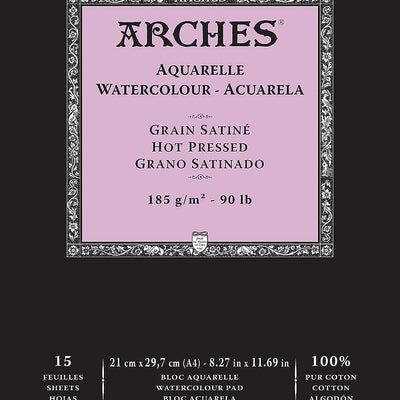 Arches Watercolour 185 GSM Hot Pressed Natural White A4 Paper Pad, 15 Sheets