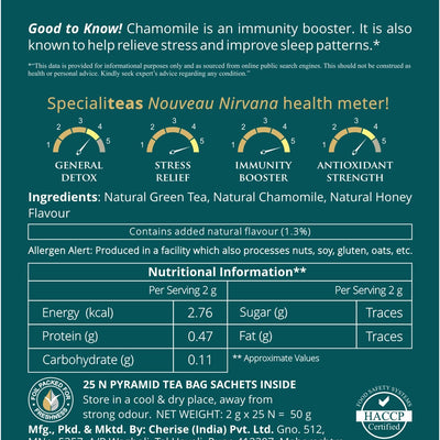 Cherise Specialiteas Nouveau Nirvana Chamomile Honey Herbal Green Tea (2 g x 25 Pyramid Tea Bags)