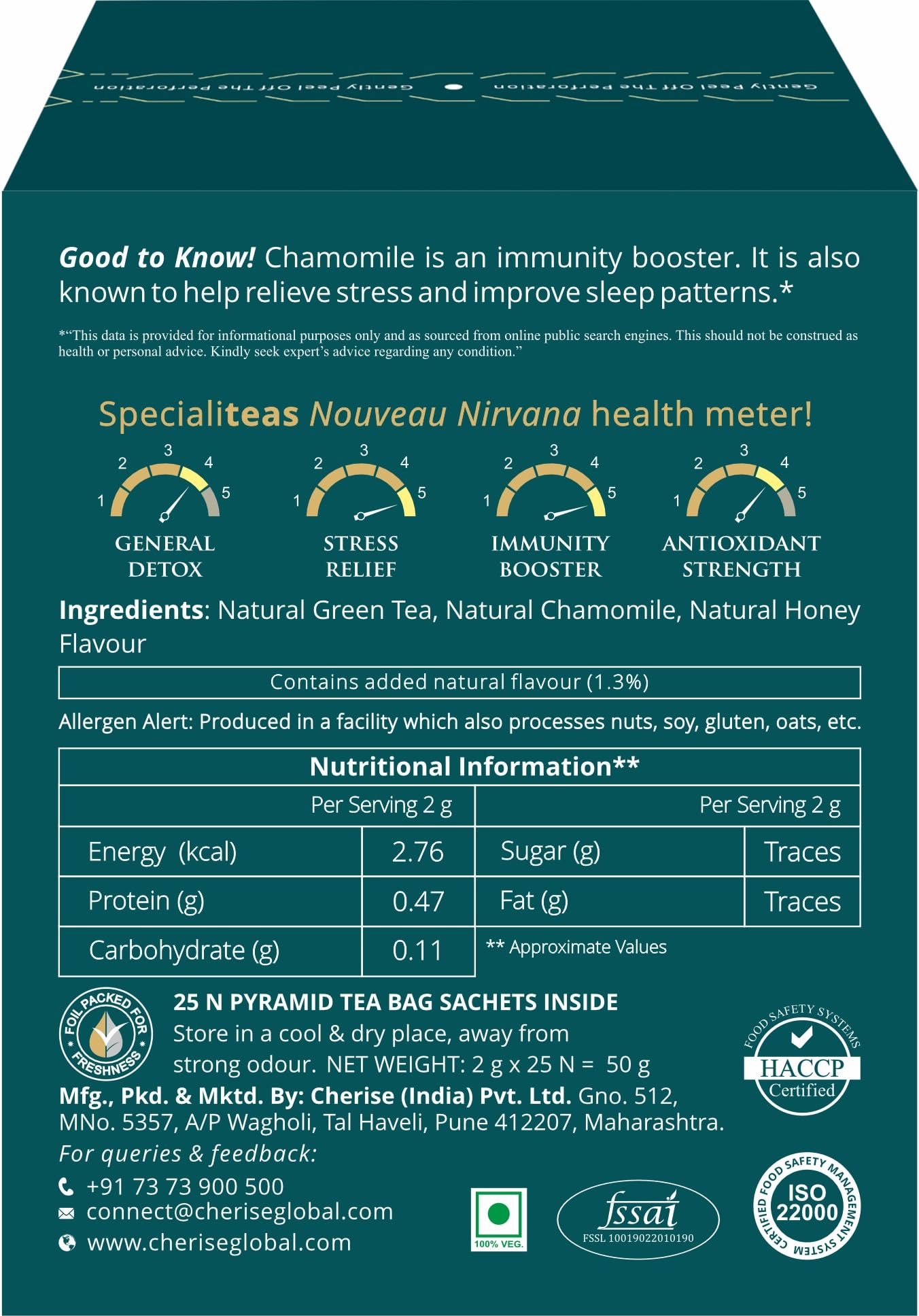 Cherise Specialiteas Nouveau Nirvana Chamomile Honey Herbal Green Tea (2 g x 25 Pyramid Tea Bags)