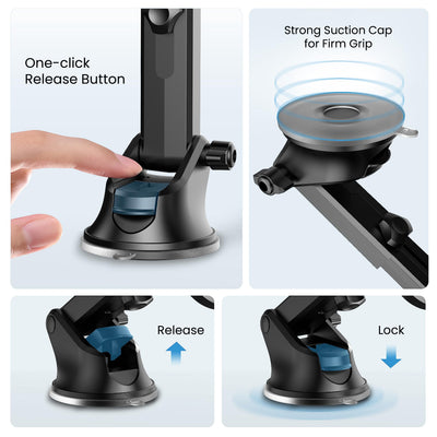 Ambrane Car Mobile Holder with Adjustable Side Arm for Smartphones, Mobile Holder Mount for Dashboard 360° Rotational, Strong Suction Cup, Compatible with 4 to 7-inch Devices (Grip Stand)