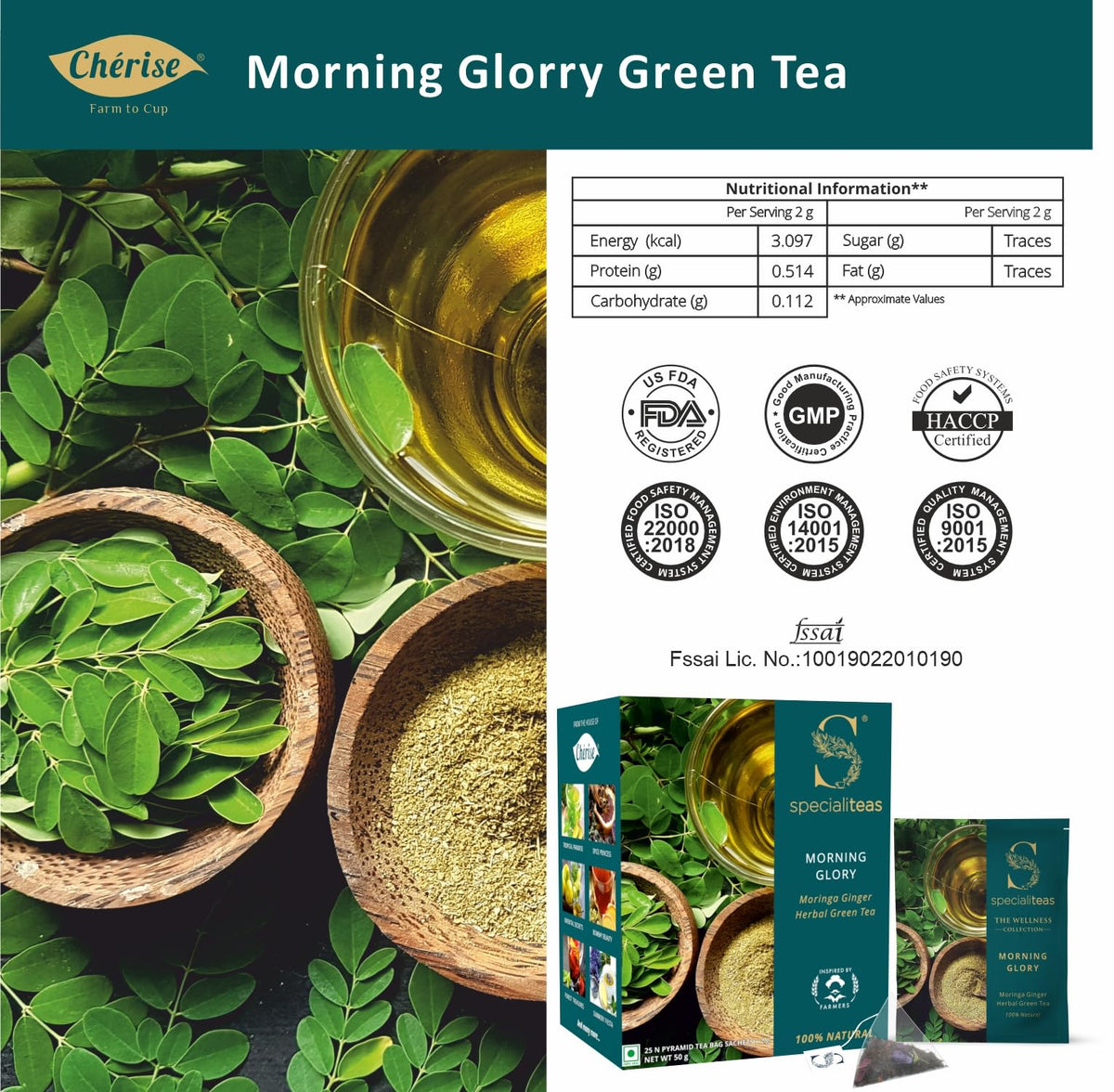 Cherise Specialiteas Morning Glory Moringa Ginger Herbal Green Tea (2 g x 25 Pyramid Tea Bags)