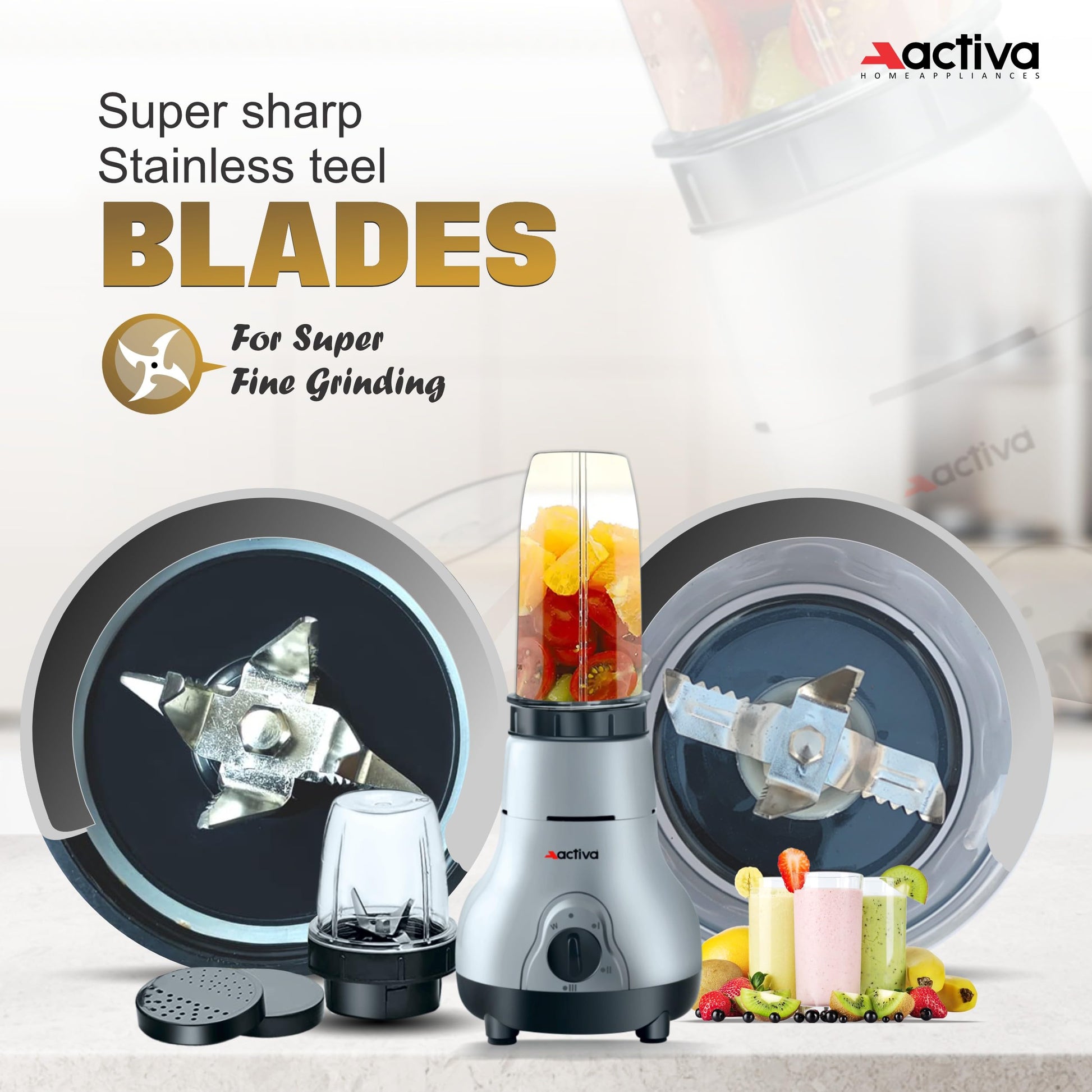 ACTIVA Easy Mix Nutri 2 Jar Mixer Grinder Powerful 500 Watt Motor | Long Lasting Shock Proof Abs Body | Heavy Duty Motor With Nano - Grinding Technology, Black come with 2 year warranty