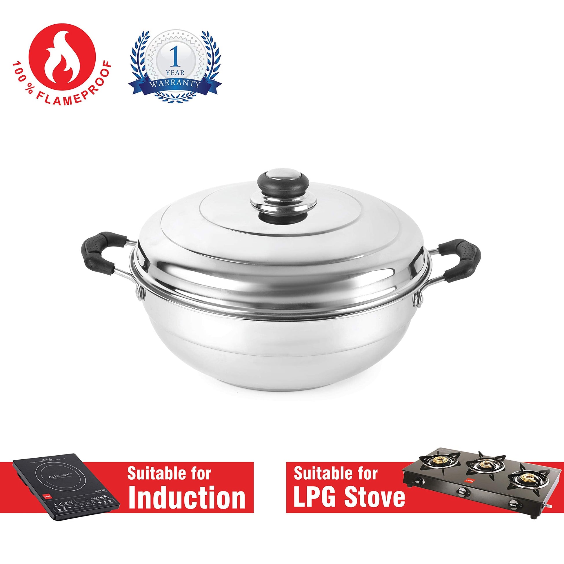 Cello Stainless Steel Induction Base Idli Cooker And Multi Kadhai Set of 6, Silver, 5 liter | Compatible With Gas Stove & Induction | Ideal For Dhokla, Patra, Idli and Momos