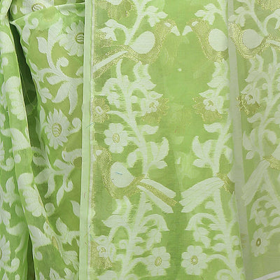 Bengal Handloom Women's Jamdani Cotton Saree Without Blouse Piece (Pakhid_Green)