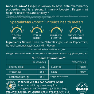Cherise Specialiteas Tropical Paradise Ginger Mint Herbal Green Tea (2 g x 25 Pyramid Tea Bags)